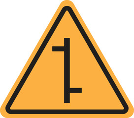 Yellow background the road branches to the left and right ahead of the Road Sign.