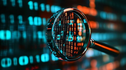 Magnifying Glass Examining Binary Code of AI Innovations, technology, analysis, focus, workspace