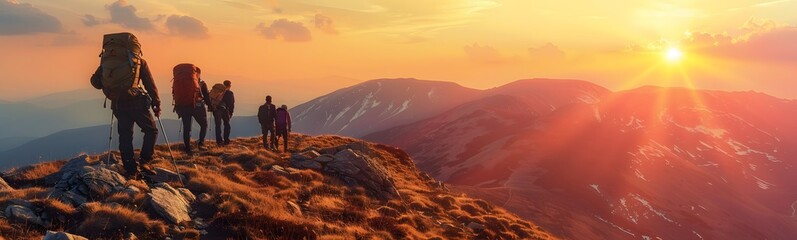 Fototapeta premium Mountain travel hike people adventure man summer journey tourism group sunset trekking. 