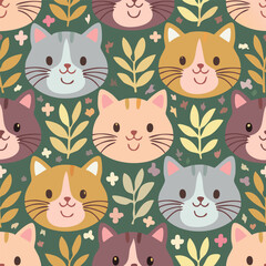Cute cat head hand drawn seamless pattern
