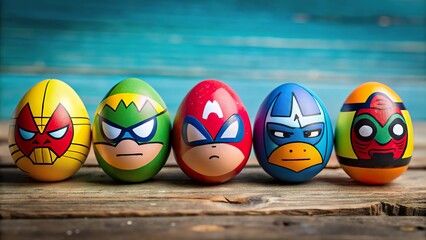 Colorful superhero-themed Easter eggs displayed on a rustic wooden table, showcasing various character designs in bright colors