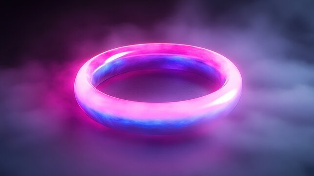 A neon pink and purple torus, floating in a dark misty environment, glowing sci-fi look