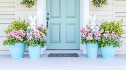 A white ceramic bunny surrounded by colorful Easter eggs and spring flowers near a front door, creating a festive and welcoming Easter scene in a garden setting.