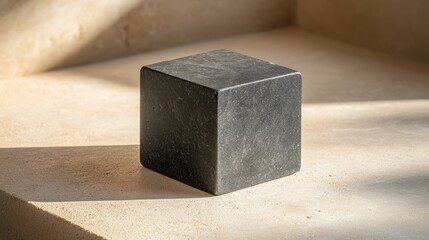 A simple black cube on a smooth beige surface, under clean and soft natural light 