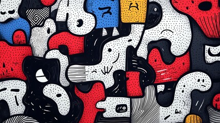 Obraz premium An abstract background featuring cartoon characters in a minimalist style, with simple line drawings and uncomplicated colors. Using shades like black, white, and red, the background 