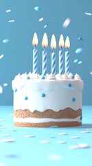 Colorful birthday cake with candles and confetti.