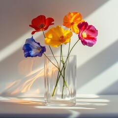Transparent glass with colorful flowers, using shadow effects for depth, creating a realistic
