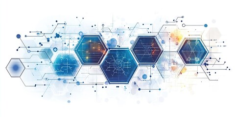 Abstract futuristic digital interface with hexagonal elements, data charts, and network connections in blue tones, symbolizing technology, data analysis, and connectivity