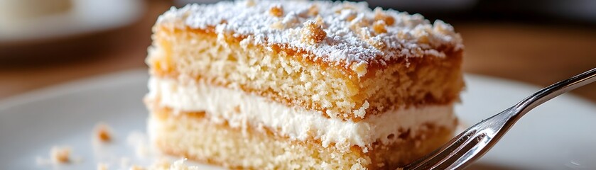 Fototapeta premium A slice of layered cake with white frosting and powdered sugar on top, resting on a white plate with a fork next to it