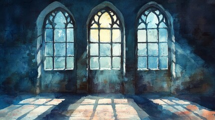 Obraz premium Watercolor Painting of Three Gothic Windows with Moonlight Shining Through