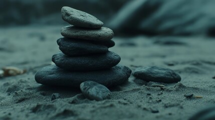 Stacked stones on sandy beach background