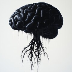 AI brain growing from roots, painted in black color, white background, keep it basic and to the point 