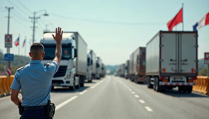 Customs officer halts trucks at a border checkpoint, symbolizing security in global trade.

