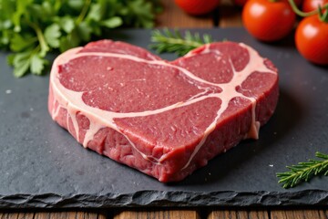 Fototapeta premium Fresh Raw Beef Steak with Tomatoes and Herbs on Slate Tray, Perfect for Grilling or Pan-Seared Meals