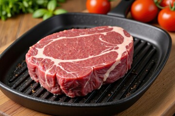 Fototapeta premium Savor the Flavor: Juicy Ribeye Steak Ready for Grilling, Perfect for a Delicious Meal