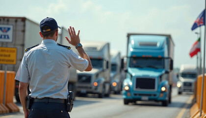 Customs officer halts trucks at a border checkpoint, symbolizing security in global trade.

