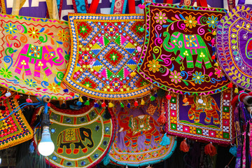 View of beautiful handmade bags on the street market in Bodh Gaya, Bihar, India.