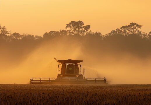 Harvester gathering crops at sunset with glowing dust and silhouettes