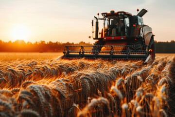 Harvester working in golden wheat field at sunset over landscape