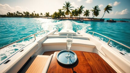 Obraz premium A single glass of champagne rests on a wooden table aboard a luxurious white boat, the turquoise ocean water sparkling in the sun as the vessel glides through the tropical paradise.