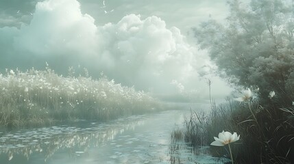 Serene landscape showcases tranquil river and clouds