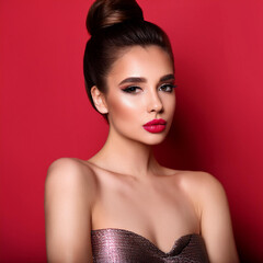 Fototapeta premium Elegant Brunette Woman Against Red Wall