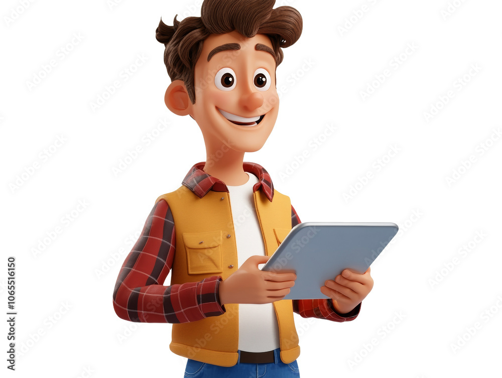 Poster Man with tablet 3d cartoon character isolated transparent background