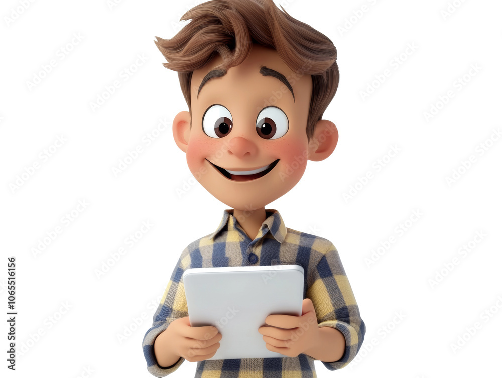 Poster Man with tablet 3d cartoon character isolated transparent background