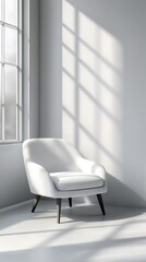 Fototapeta premium Modern white chair against a light grey wall, gentle shadows