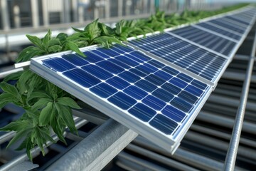 Fototapeta premium Solar panel with green plants, showcasing renewable energy integration.