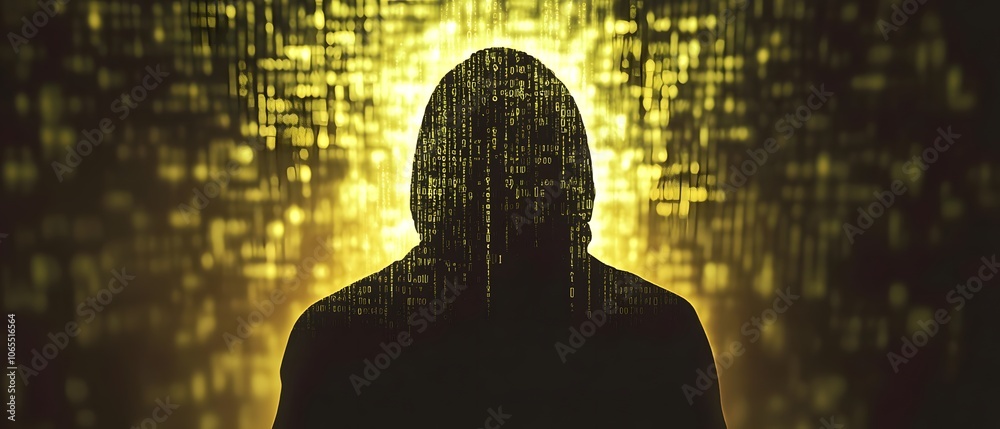 Fototapete Mysterious Figure in Binary Code Environment