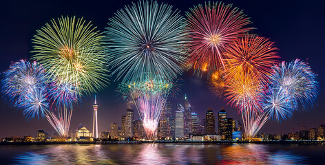 Fototapeta premium Vibrant Fireworks Lighting Up City Skyline