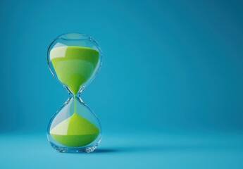 A green sand timer on a blue background symbolizes time management and the passage of time.