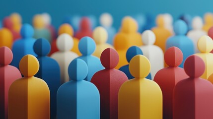 Fototapeta premium A vibrant crowd of colorful, abstract figurines represents diversity and community, standing together against a bright blue background.
