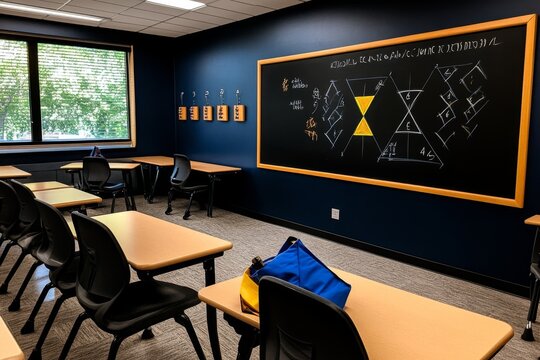 Classroom with a chalkboard showing the steps to factorize a trinomial, capturing the teaching environment for algebra concepts