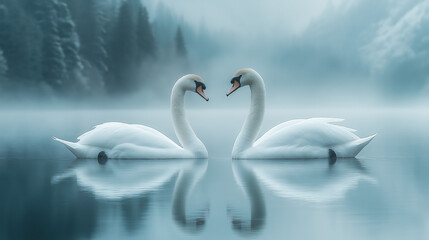 A couple white swan floats quietly in the lake, Generative AI