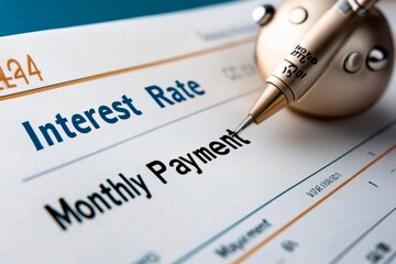 Fototapeta premium Close-up of a bank statement highlighting â€œInterest Rateâ€ and â€œMonthly Paymentâ€ with specific percentages, symbolizing clarity in loan payments
