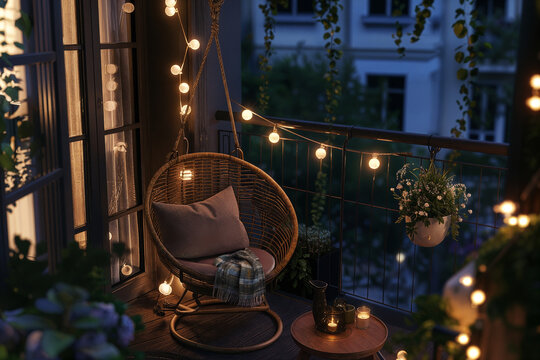 A serene nighttime balcony scene featuring a comfortable hanging rattan chair adorned with a pillow and blanket. soft ambient string lights create a warm atmosphere