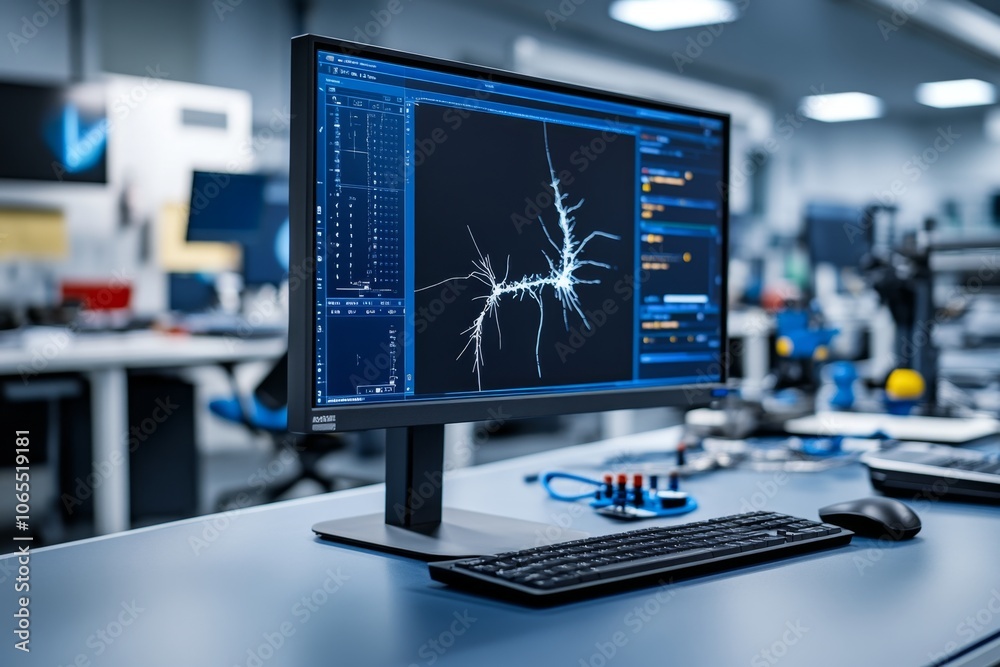 Poster Computer display with a 3D model showing measurements of a crack on a metal surface, emphasizing the use of advanced technology in defect analysis