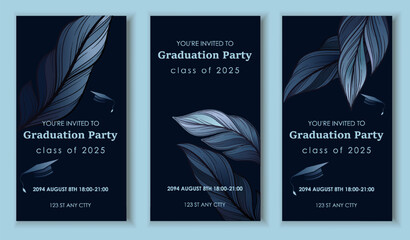 Invitation to graduation party set. Graduation caps and leaves silhouette. Education and training. Invitation cards for students. Flat vector collection