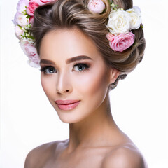 Naklejka premium Bride Model with Creative Flower Hairstyle
