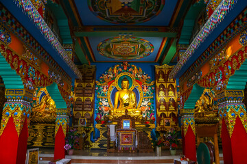 Fototapeta premium Beautiful view of Palyul Namdroling Temple in Bodh Gaya, Bihar, India. Details of architecture.
