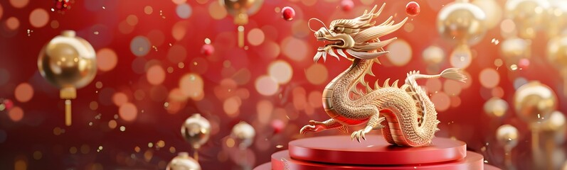 Obraz premium Dragon 3D chinese 2024 year gold new lunar cny podium happy background red golden. Chinese dragon 3D banner china festive illustration invitation money party green japanese render celebration blue. 