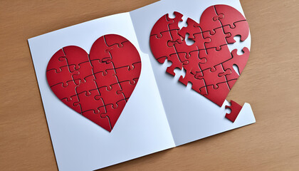Red Heart Jigsaw Puzzles Showing Complete and Incomplete Love with Copy Space