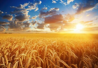 Naklejka premium Lush golden wheat field beneath a blue sky with white clouds