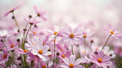 A delicate field of soft pink blossoms, showcasing the intricate details of each flower, creating a dreamy and romantic ambiance.