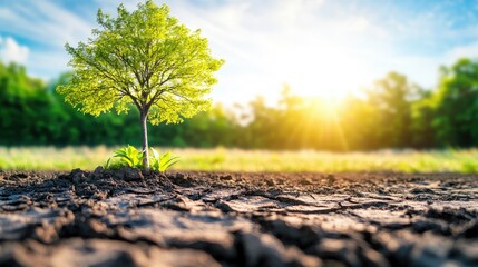 Dried, cracked earth with a lone tree in the distance, symbolizing drought and climate change due to global warming.