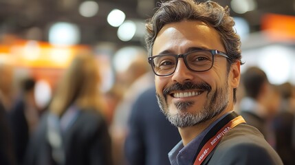 Fototapeta premium Engaged professional smiles amid busy event crowd