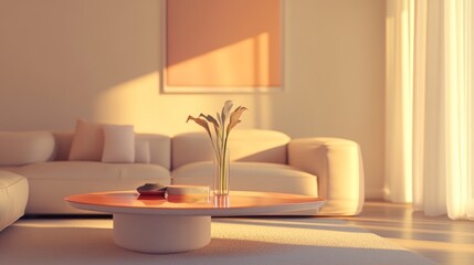 Fototapeta premium Clean, minimal living room with soft lighting and neutral decor, highlighted by a colorful table that adds vibrancy to the serene space.