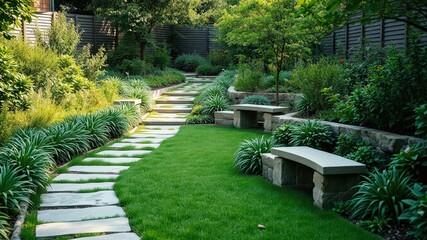 Obraz premium A serene garden path leading to a stone bench with a backdrop of lush greenery and stone walls.